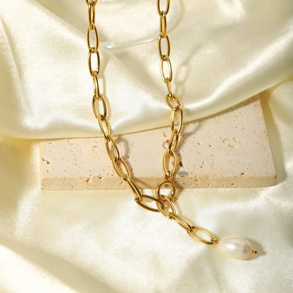 201 Edelstahl Süßwasserperle 18 Karat Vergoldet Barocker Stil Pendeln Perlen Überzug Einfarbig Pulloverkette Halskette display picture 4