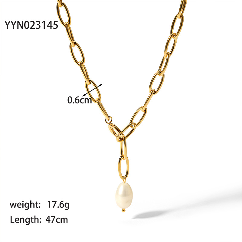 201 Stainless Steel Freshwater Pearl 18K Gold Plated Baroque Style Commute Beaded Plating Solid Color Sweater Chain Necklace display picture 1