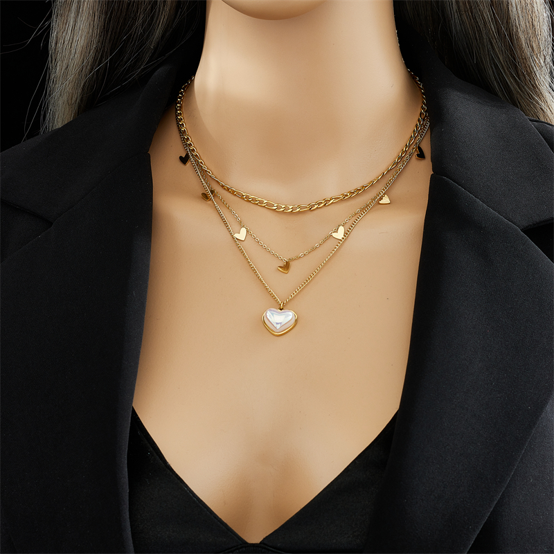 Simple Style Heart Shape Titanium Steel Plating Inlay Pearl 18k Gold Plated Layered Necklaces display picture 6