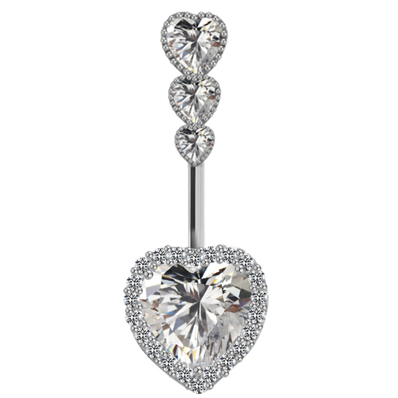 Cute Luxurious Heart Shape Stainless Steel Copper Plating Inlay Gem Rhinestones Zircon White Gold Plated Belly Ring display picture 7