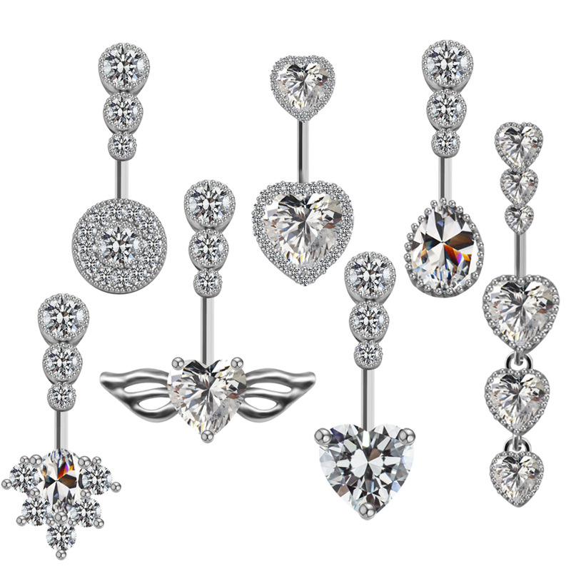 Cute Luxurious Heart Shape Stainless Steel Copper Plating Inlay Gem Rhinestones Zircon White Gold Plated Belly Ring display picture 8