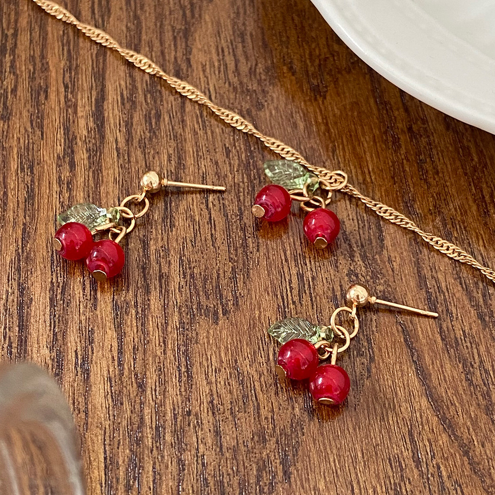 Wholesale Jewelry Simple Style Cherry Plastic Resin 14k Gold Plated Plating Earrings Necklace display picture 3