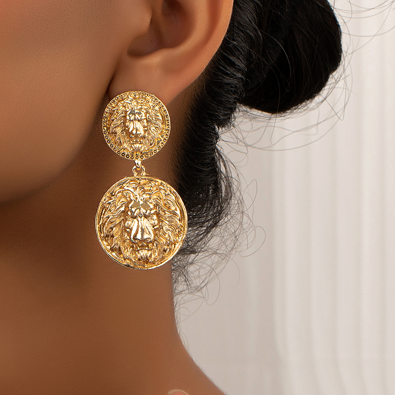 1 Pair Retro Roman Style Round Lion Plating Alloy Drop Earrings display picture 2