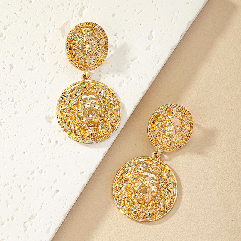 1 Pair Retro Roman Style Round Lion Plating Alloy Drop Earrings display picture 6