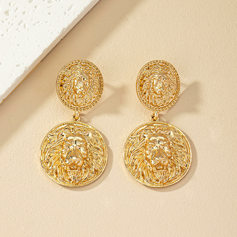 1 Pair Retro Roman Style Round Lion Plating Alloy Drop Earrings display picture 7