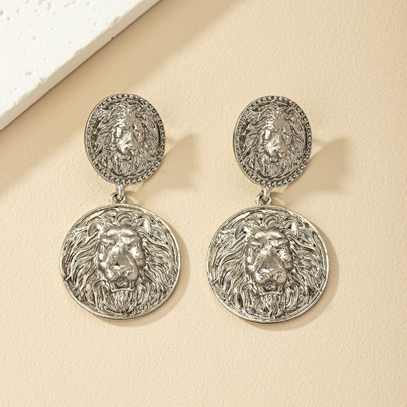 1 Pair Retro Roman Style Round Lion Plating Alloy Drop Earrings display picture 4