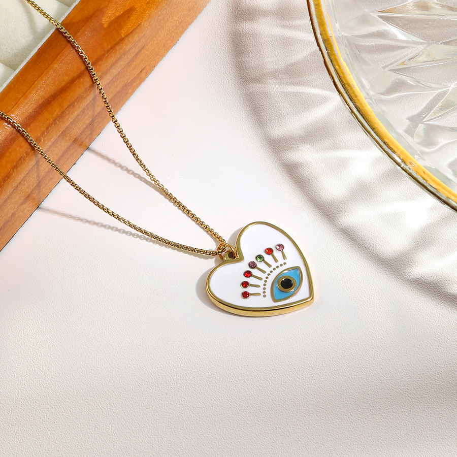 Sweet Artistic Heart Shape Eye Stainless Steel Enamel Zircon Pendant Necklace display picture 1