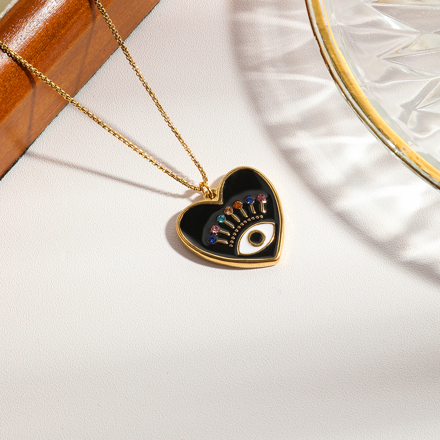 Sweet Artistic Heart Shape Eye Stainless Steel Enamel Zircon Pendant Necklace display picture 2