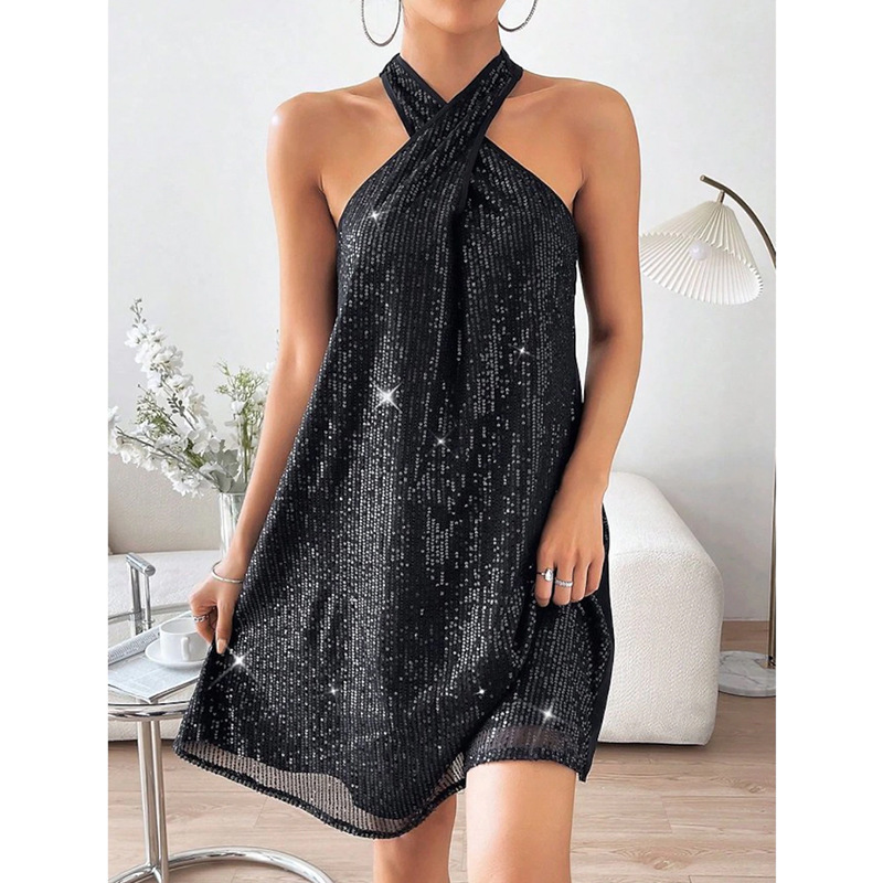 Women's Regular Dress Simple Style Halter Neck Sequins Sleeveless Solid Color Above Knee Daily display picture 5