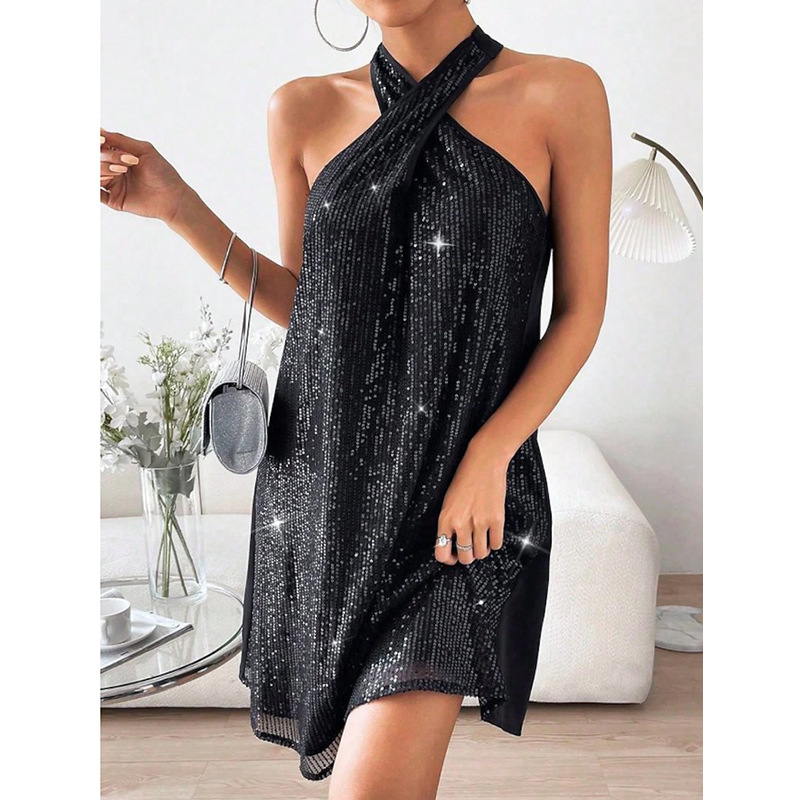 Women's Regular Dress Simple Style Halter Neck Sequins Sleeveless Solid Color Above Knee Daily display picture 6