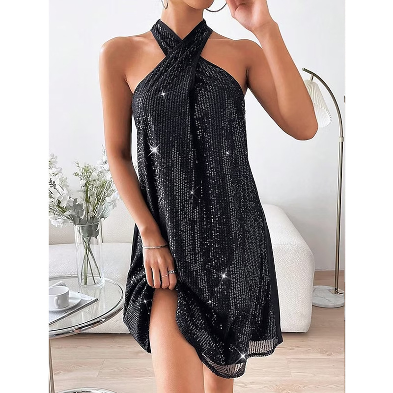 Women's Regular Dress Simple Style Halter Neck Sequins Sleeveless Solid Color Above Knee Daily display picture 7