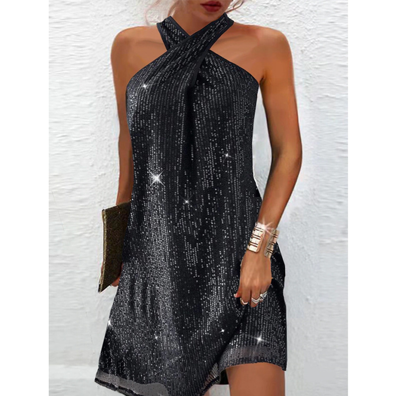 Women's Regular Dress Simple Style Halter Neck Sequins Sleeveless Solid Color Above Knee Daily display picture 8