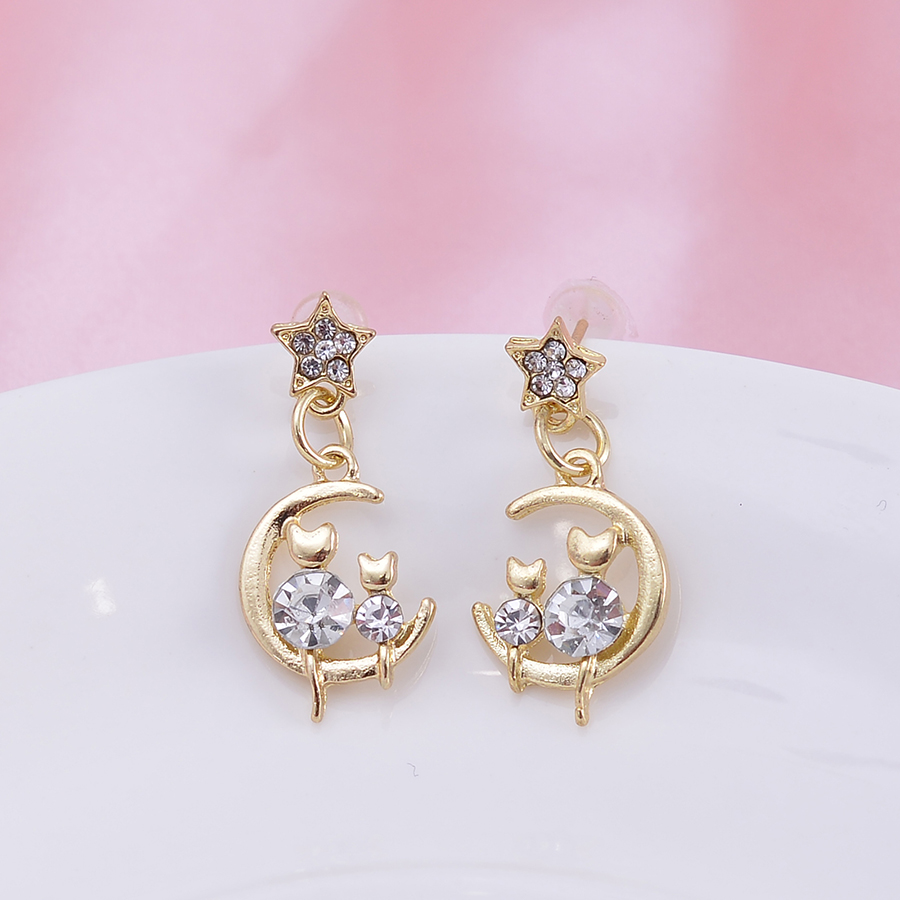 1 Pair Sweet Artistic Star Moon Cat Three-dimensional Hollow Out Inlay Alloy Artificial Diamond Drop Earrings display picture 3