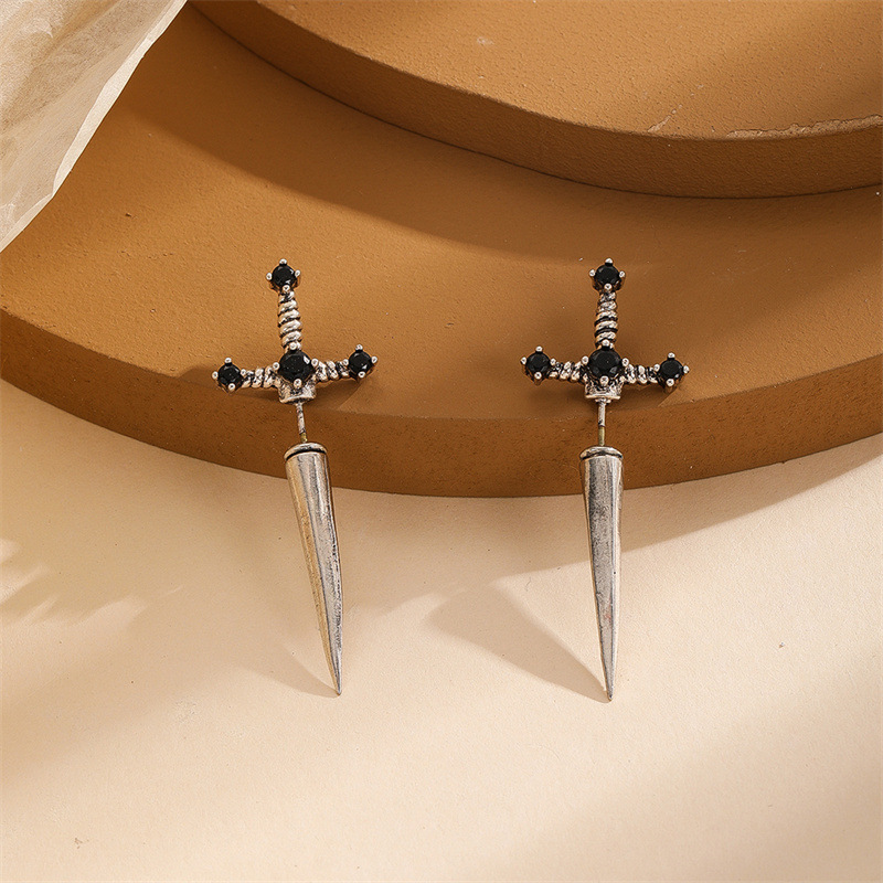 1 Pair Hip-hop Retro Cross Plating Inlay Alloy Rhinestones Ancient Silver-plated Ear Studs display picture 5