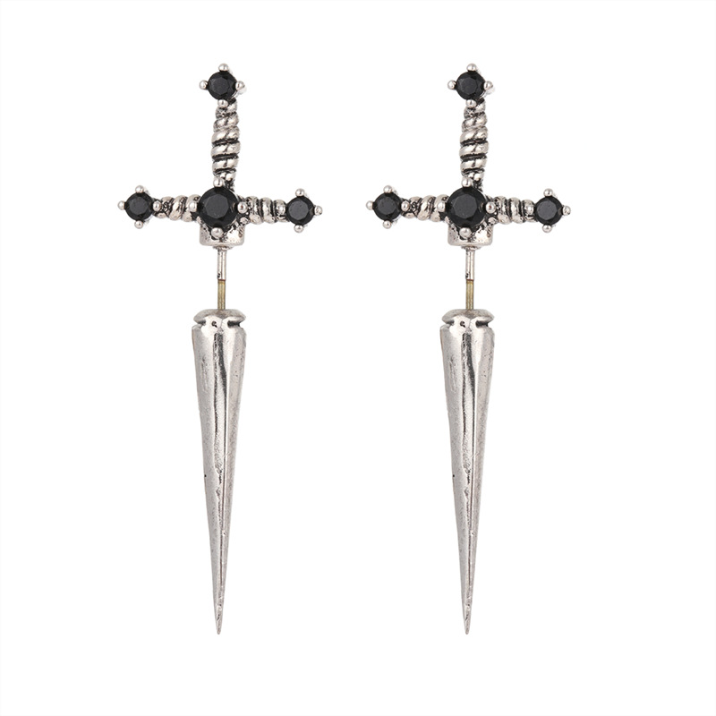 1 Pair Hip-hop Retro Cross Plating Inlay Alloy Rhinestones Ancient Silver-plated Ear Studs display picture 4