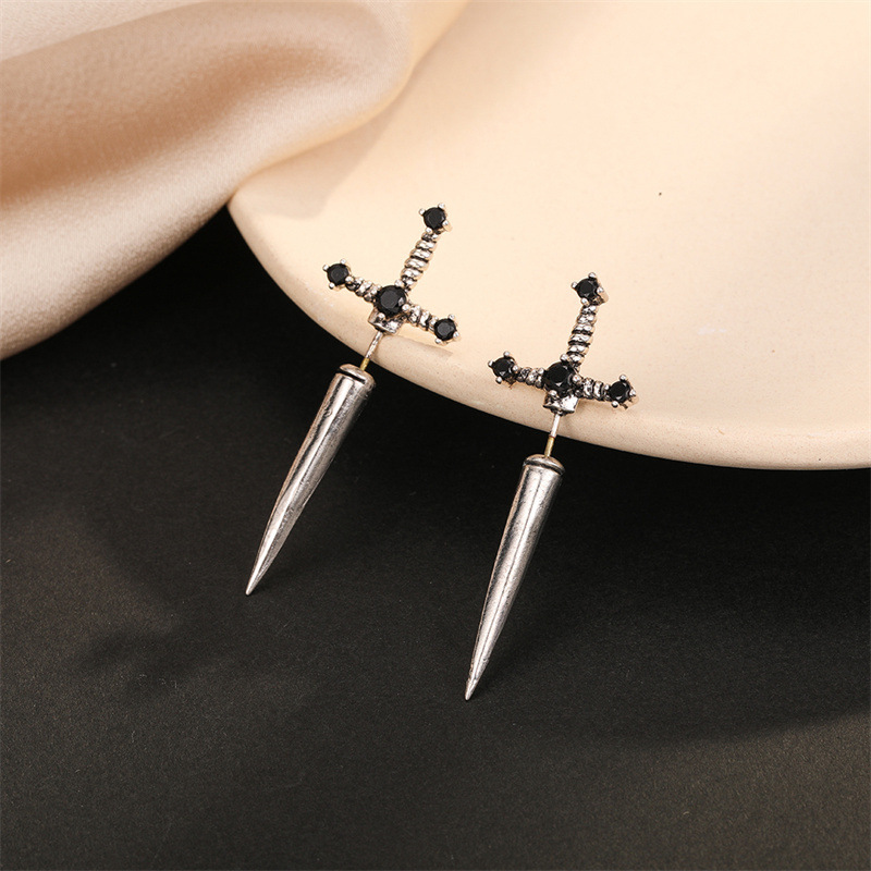 1 Pair Hip-hop Retro Cross Plating Inlay Alloy Rhinestones Ancient Silver-plated Ear Studs display picture 2