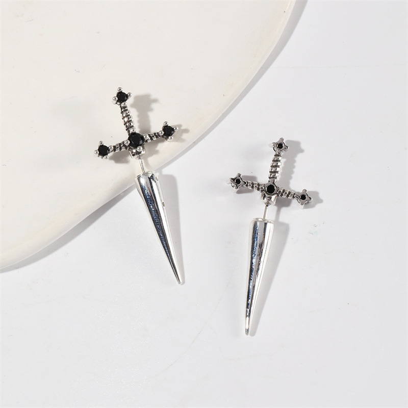 1 Pair Hip-hop Retro Cross Plating Inlay Alloy Rhinestones Ancient Silver-plated Ear Studs display picture 1