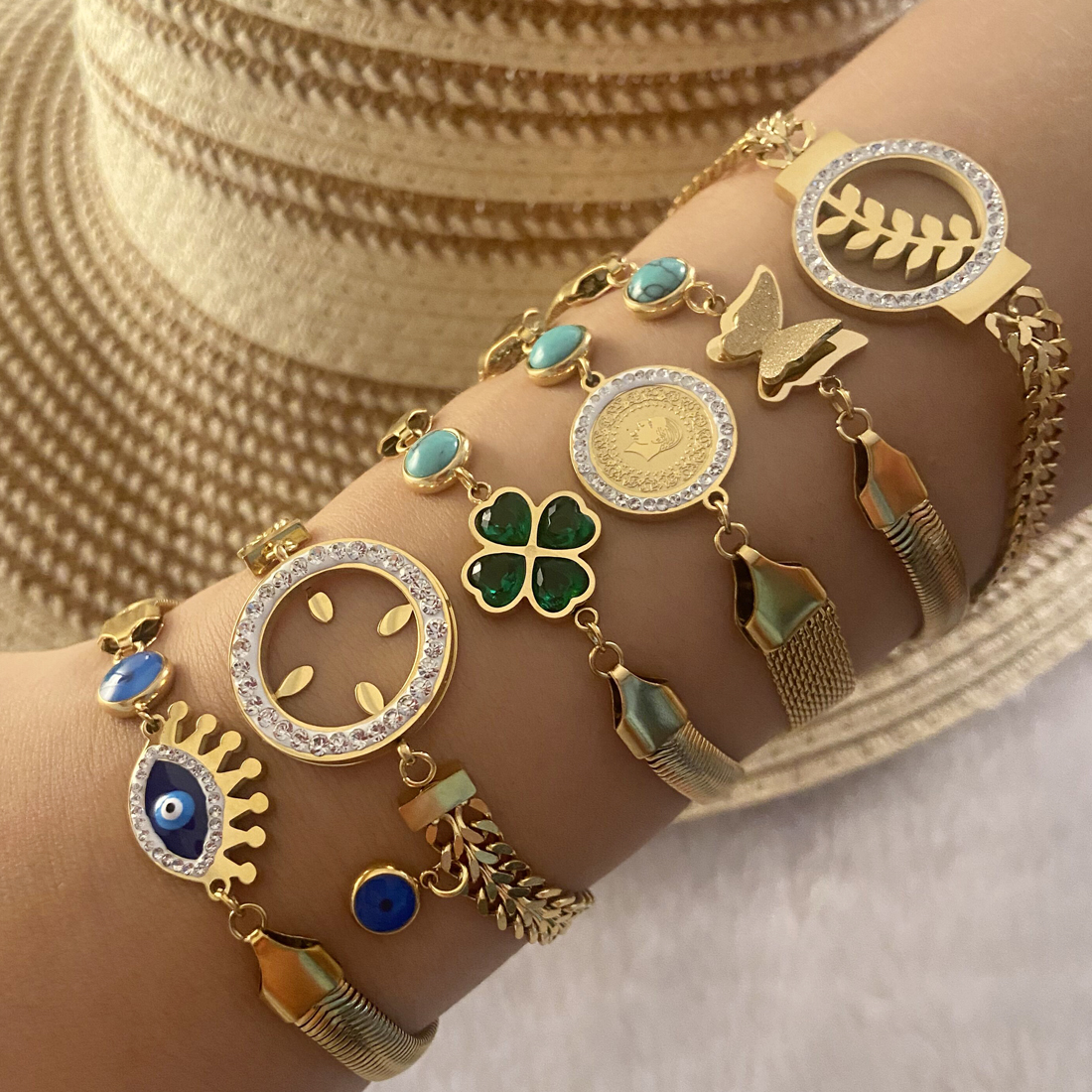 Retro Bohemien Auge Blume Rostfreier Stahl 18 Karat Vergoldet Künstliche Edelsteine Armbänder In Masse display picture 2