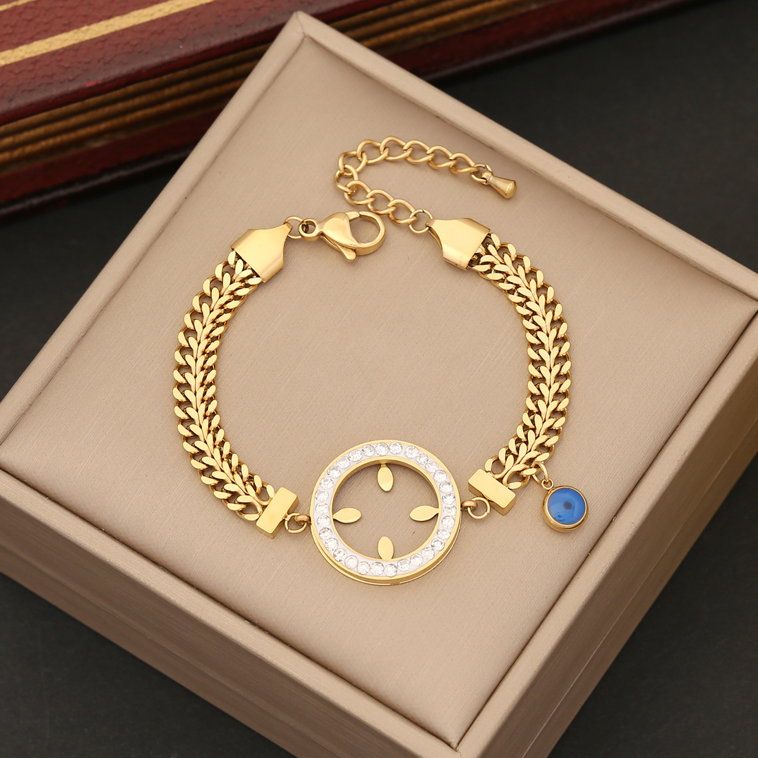 Retro Bohemian Eye Flower Stainless Steel 18K Gold Plated Artificial Gemstones Bracelets In Bulk display picture 4