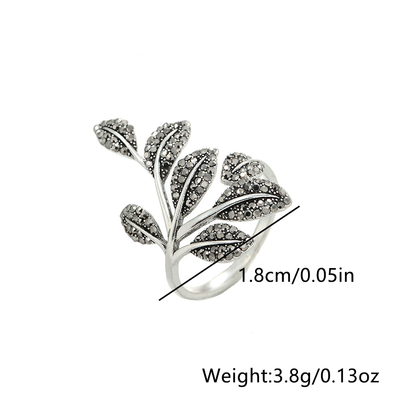 Antique Silver Elegant Leaf Inlay Zircon Open Rings display picture 7