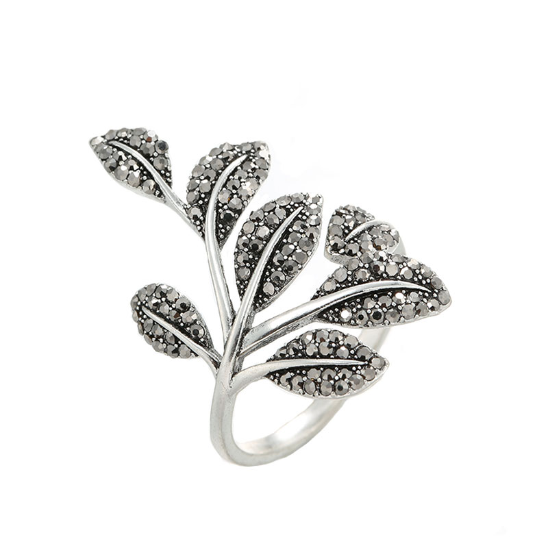 Antique Silver Elegant Leaf Inlay Zircon Open Rings display picture 9