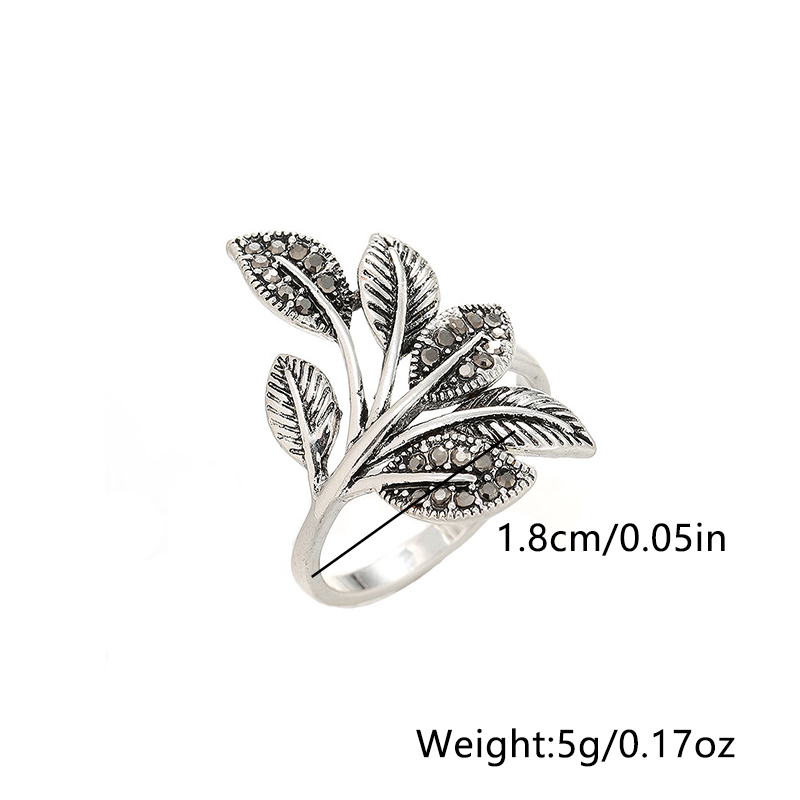 Antique Silver Elegant Leaf Inlay Zircon Open Rings display picture 27