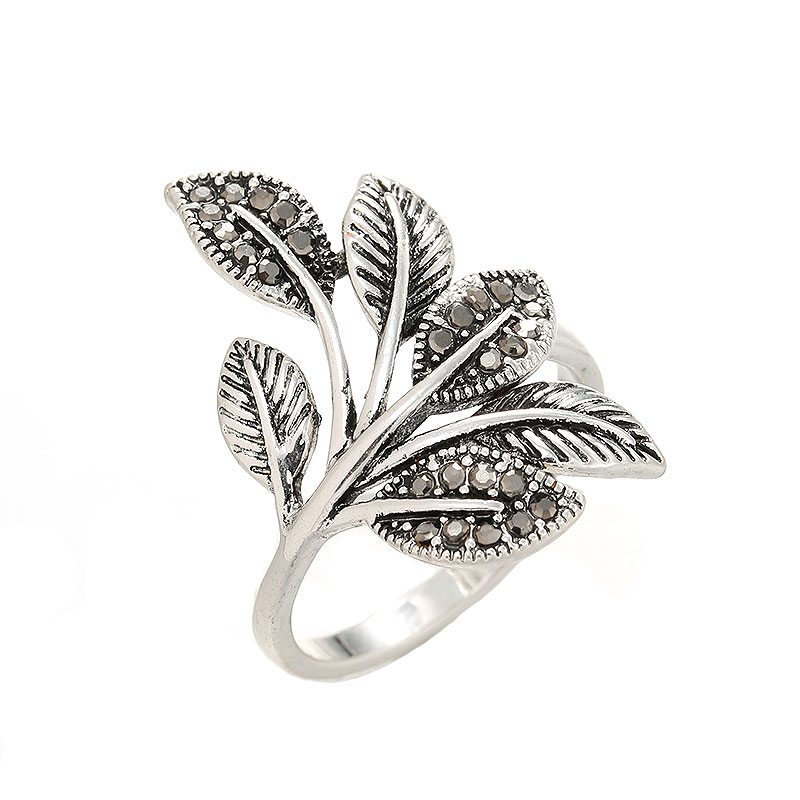 Antique Silver Elegant Leaf Inlay Zircon Open Rings display picture 28