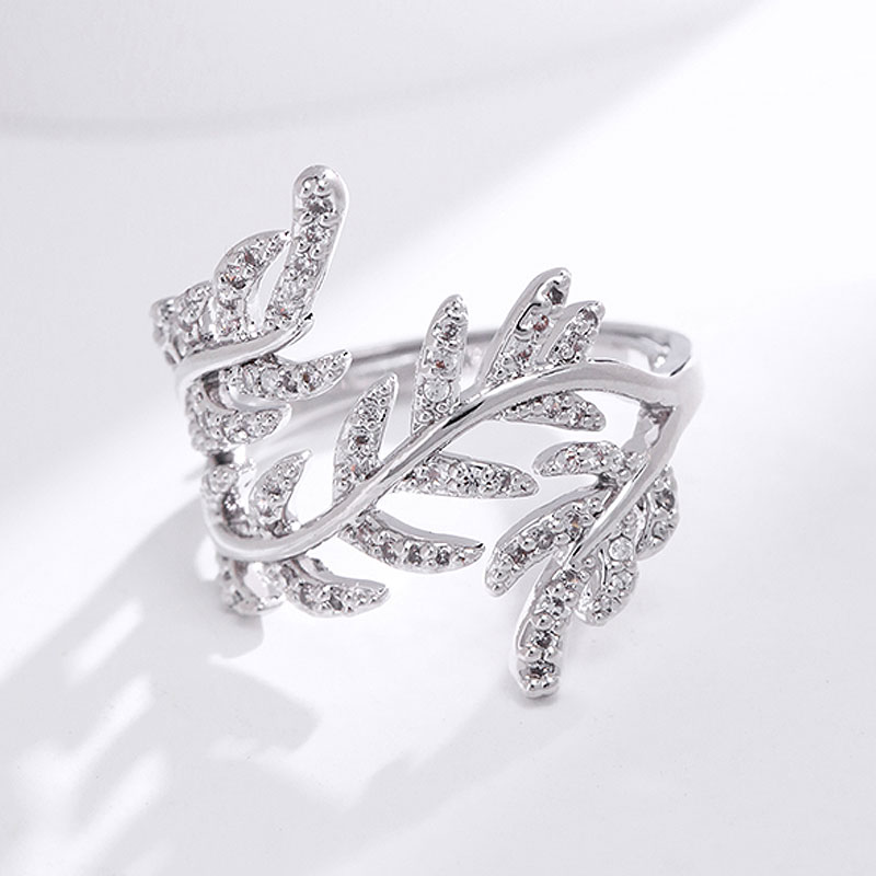 Antique Silver Elegant Leaf Inlay Zircon Open Rings display picture 39