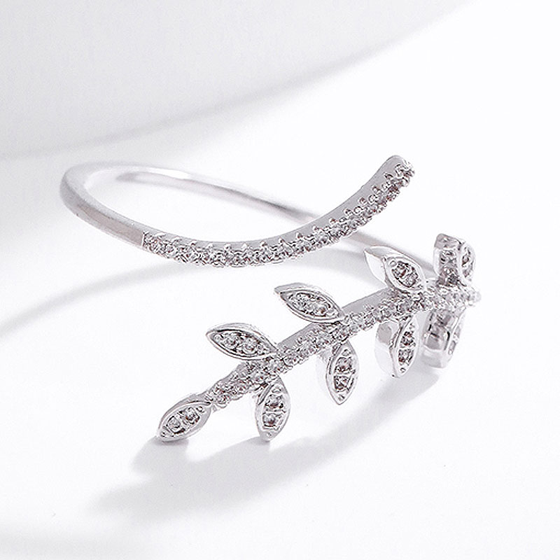 Antique Silver Elegant Leaf Inlay Zircon Open Rings display picture 49
