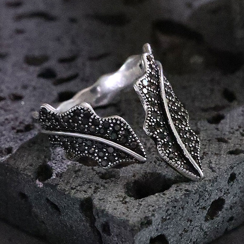 Antique Silver Elegant Leaf Inlay Zircon Open Rings display picture 56
