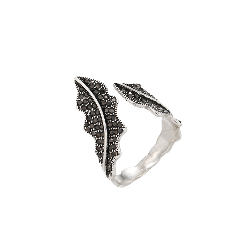 Antique Silver Elegant Leaf Inlay Zircon Open Rings display picture 55