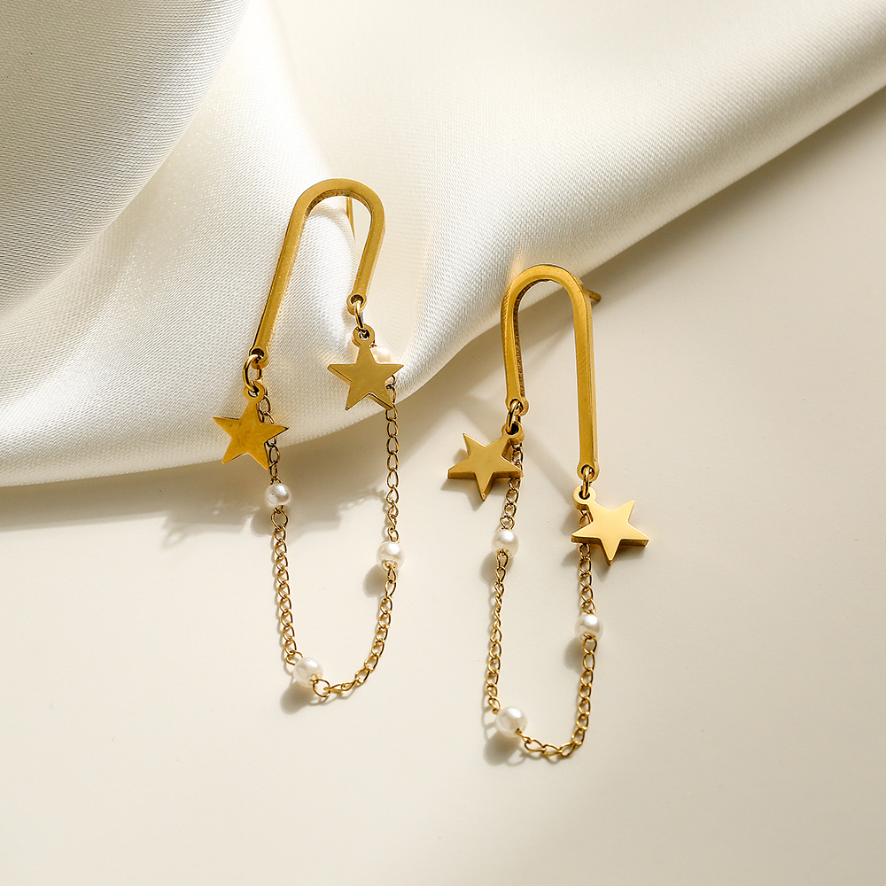 1 Paar Einfacher Stil Pendeln Pentagramm Überzug Künstliche Perle Titan Stahl 18 Karat Vergoldet Tropfenohrringe display picture 2