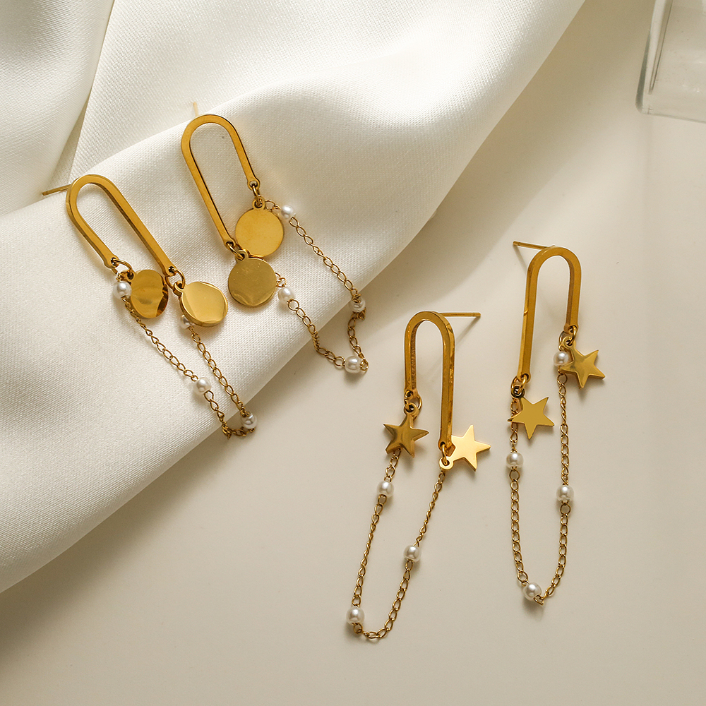 1 Paar Einfacher Stil Pendeln Pentagramm Überzug Künstliche Perle Titan Stahl 18 Karat Vergoldet Tropfenohrringe display picture 4