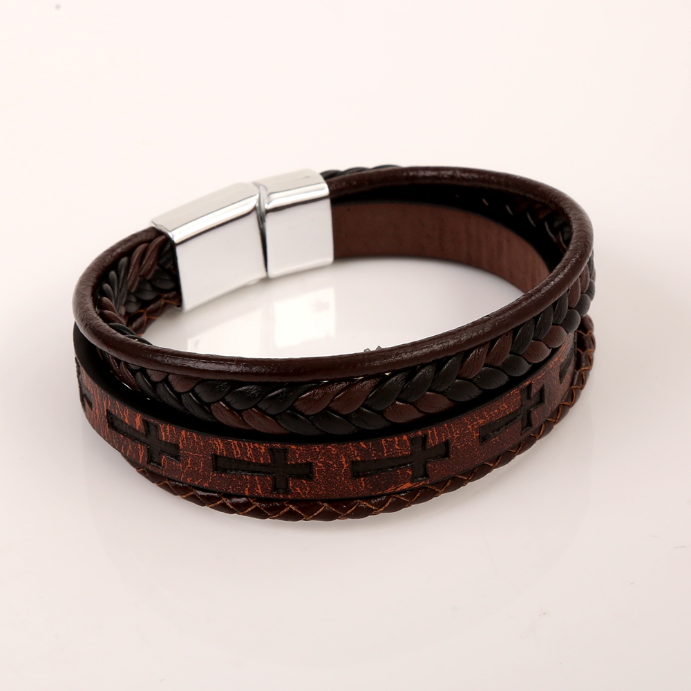 Streetwear Cross Color Block Pu Leather Alloy Men's Bangle display picture 2