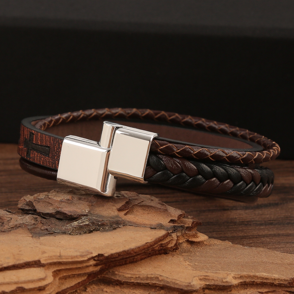 Streetwear Cross Color Block Pu Leather Alloy Men's Bangle display picture 3