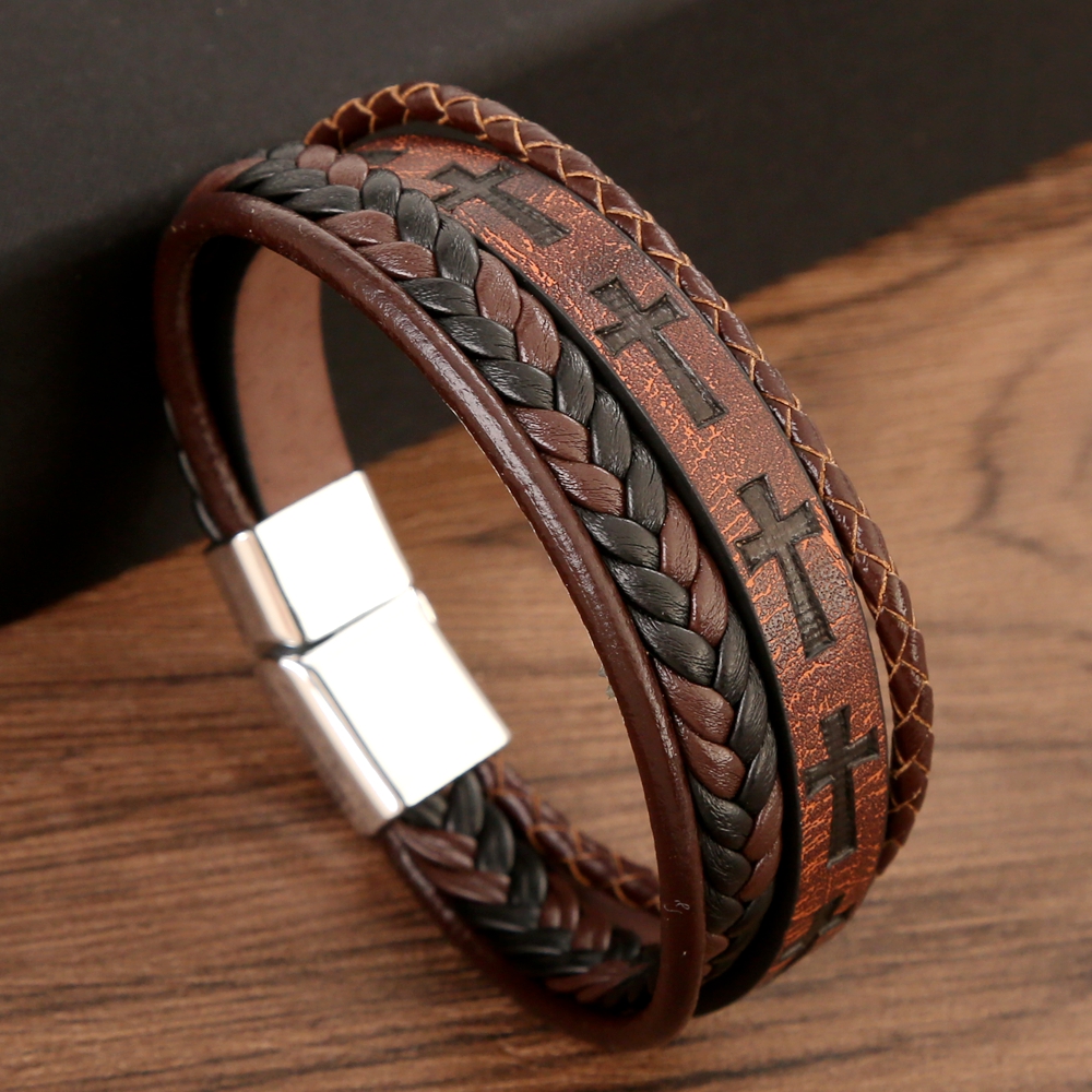 Streetwear Cross Color Block Pu Leather Alloy Men's Bangle display picture 4