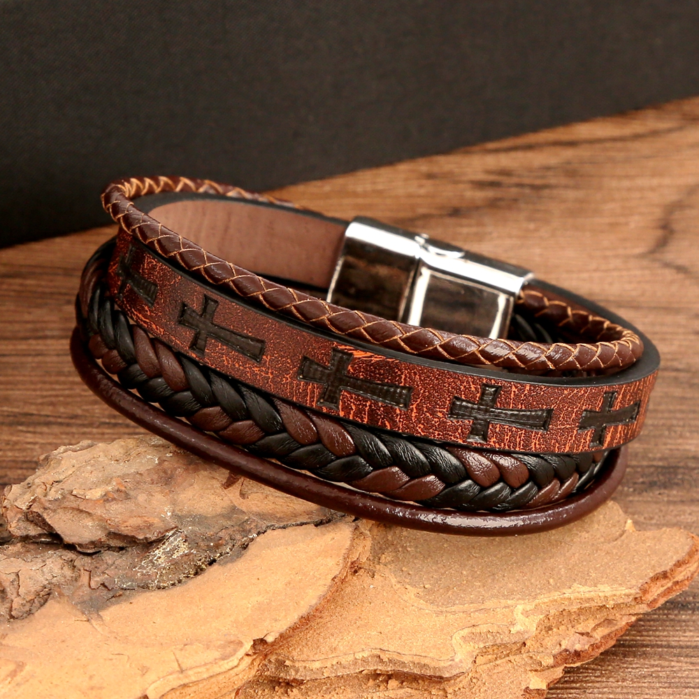 Streetwear Cross Color Block Pu Leather Alloy Men's Bangle display picture 5