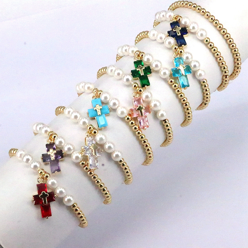Basic Cross Copper Plating Inlay Pearl Zircon Bracelets display picture 5