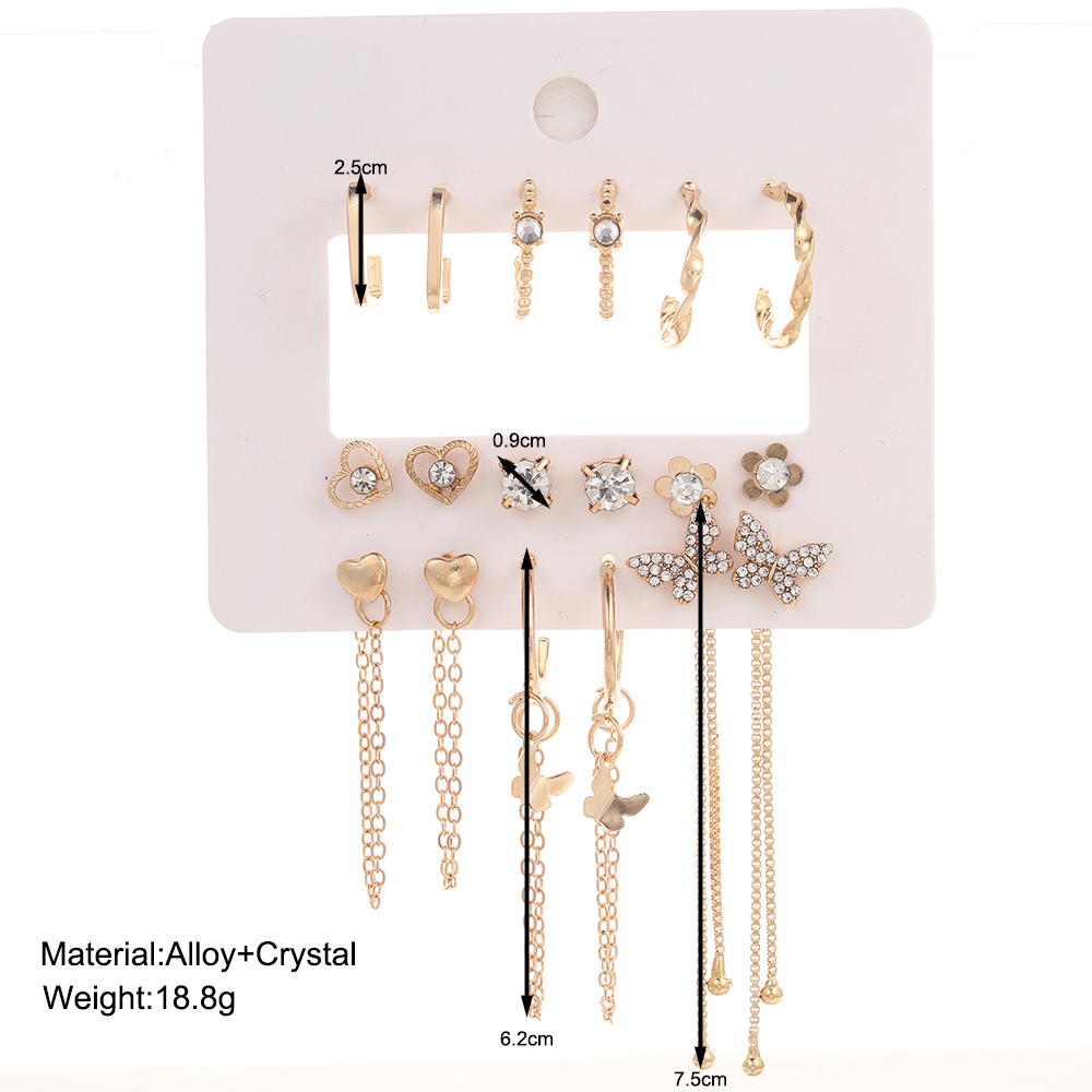 9 Pairs Elegant Shiny Tassel Heart Shape Butterfly Plating Inlay Imitation Pearl Alloy Artificial Gemstones Artificial Pearls Rhinestones Gold Plated Silver Plated Earrings display picture 5