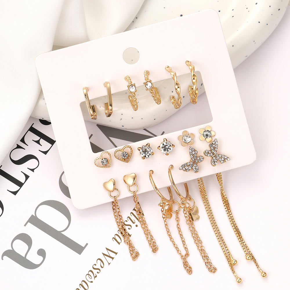 9 Pairs Elegant Shiny Tassel Heart Shape Butterfly Plating Inlay Imitation Pearl Alloy Artificial Gemstones Artificial Pearls Rhinestones Gold Plated Silver Plated Earrings display picture 13