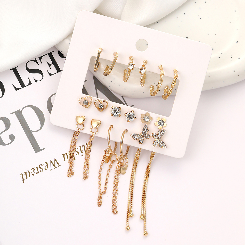 9 Pairs Elegant Shiny Tassel Heart Shape Butterfly Plating Inlay Imitation Pearl Alloy Artificial Gemstones Artificial Pearls Rhinestones Gold Plated Silver Plated Earrings display picture 14