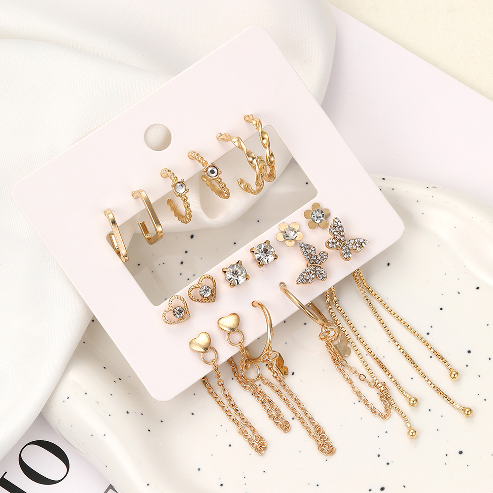 9 Pairs Elegant Shiny Tassel Heart Shape Butterfly Plating Inlay Imitation Pearl Alloy Artificial Gemstones Artificial Pearls Rhinestones Gold Plated Silver Plated Earrings display picture 16