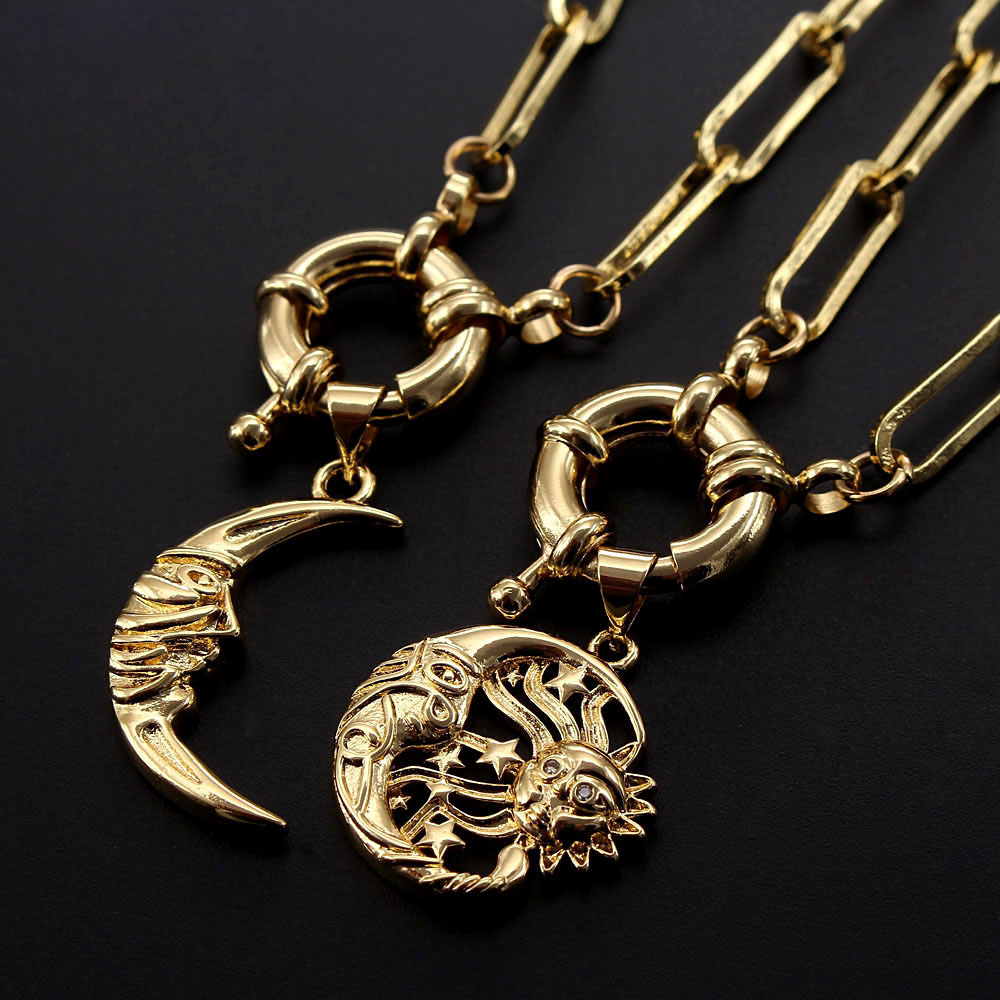 Retro Sonne Mond Kupfer Vergoldet Zirkon Halskette Mit Anhänger In Masse display picture 1