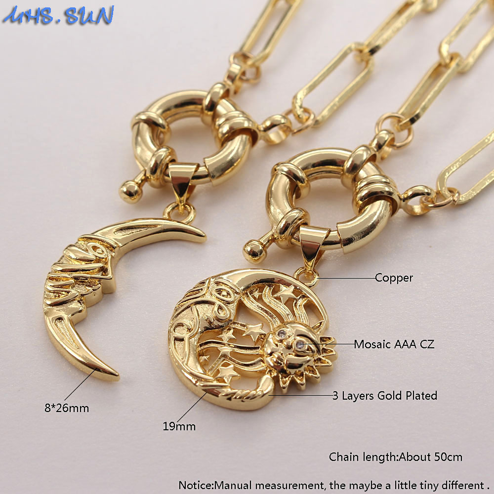 Retro Sonne Mond Kupfer Vergoldet Zirkon Halskette Mit Anhänger In Masse display picture 3
