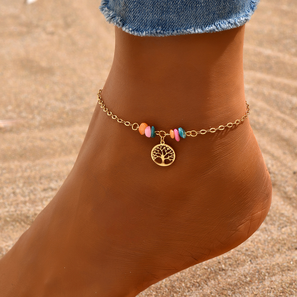 Vacation Bohemian Beach Tree 201 Stainless Steel Plastic Beaded Plating 18K Gold Plated Women's Anklet display picture 5