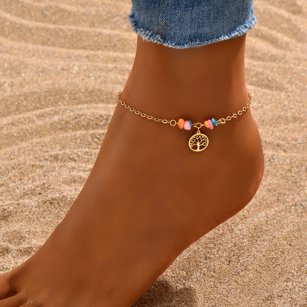 Vacation Bohemian Beach Tree 201 Stainless Steel Plastic Beaded Plating 18K Gold Plated Women's Anklet display picture 4