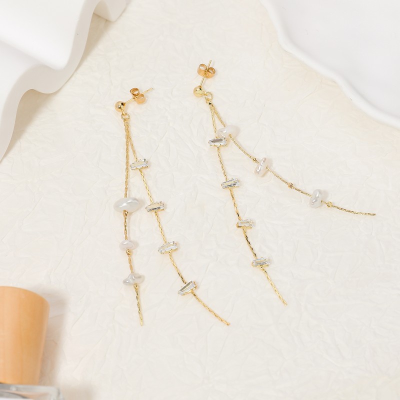 1 Pair Lady Cross Tassel Plating Inlay Stainless Steel Copper Artificial Pearls Gold Plated Drop Earrings display picture 1