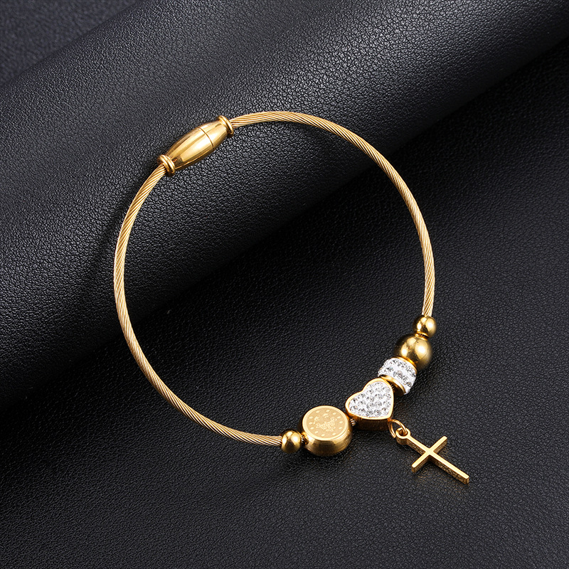 Elegant Streetwear Cross Heart Shape Stainless Steel Inlay Zircon Bangle display picture 2