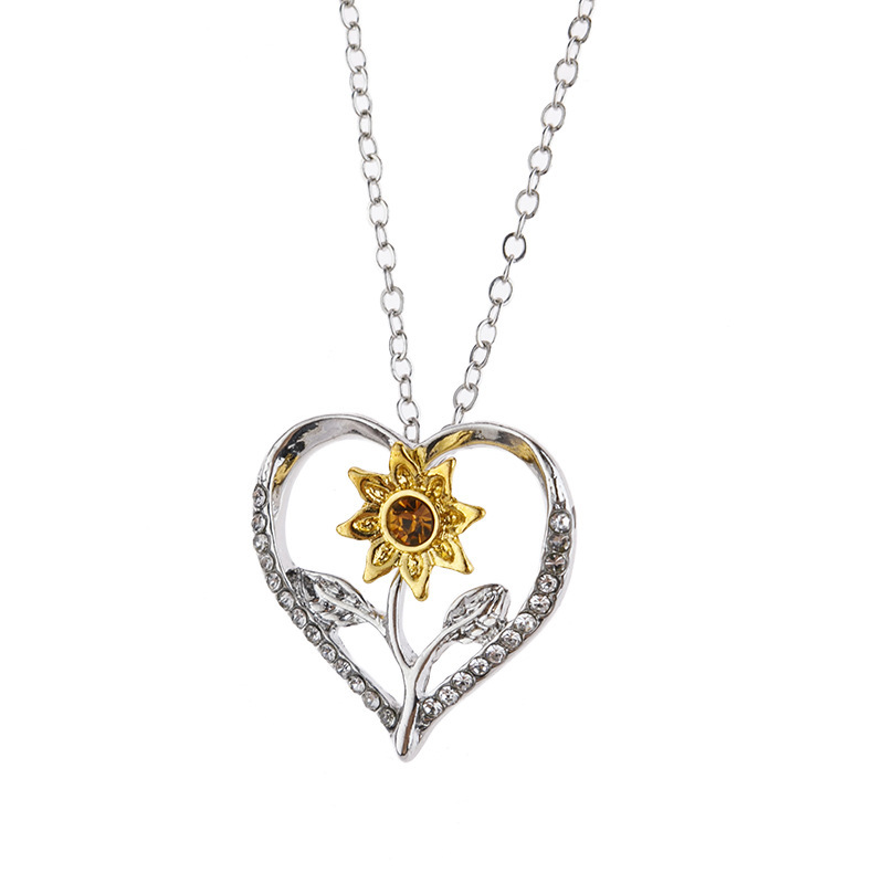 Wholesale Jewelry Sweet Sunflower Heart Shape Alloy Iron Rhinestones Plating Inlay Pendant Necklace display picture 1