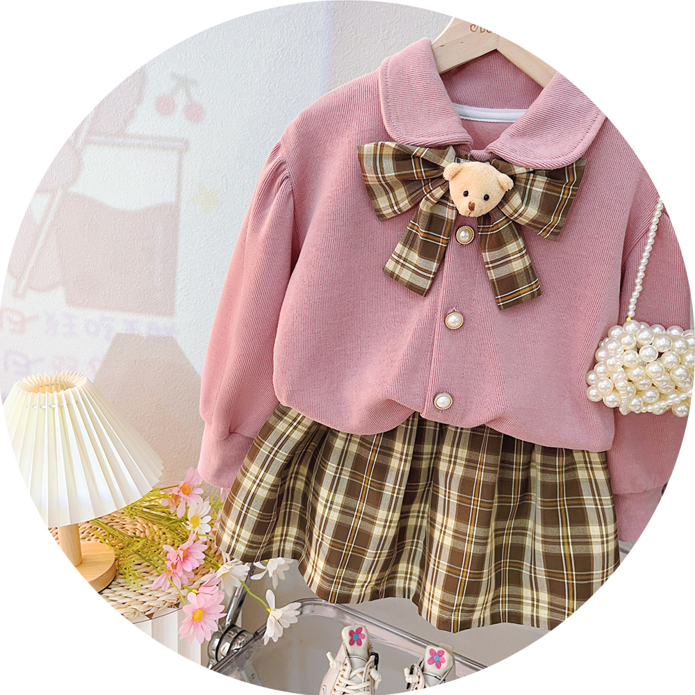Casual Princess Plaid Bear Bowknot Cotton Girls Clothing Sets display picture 8